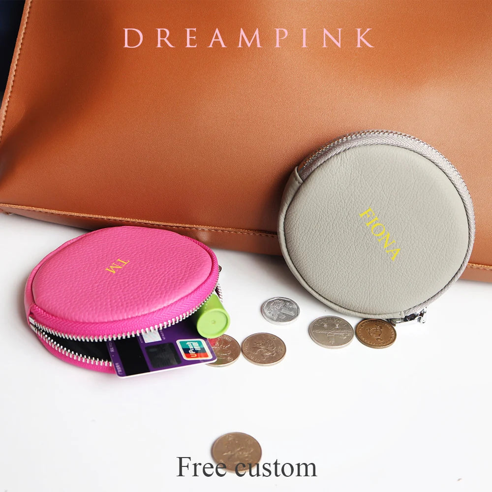 Genuine Leather Zip round Coin Purse Custom Letters Gift Women Small Circle Pouch Personalize Name Girl Cowhide Money Pocket Bag
