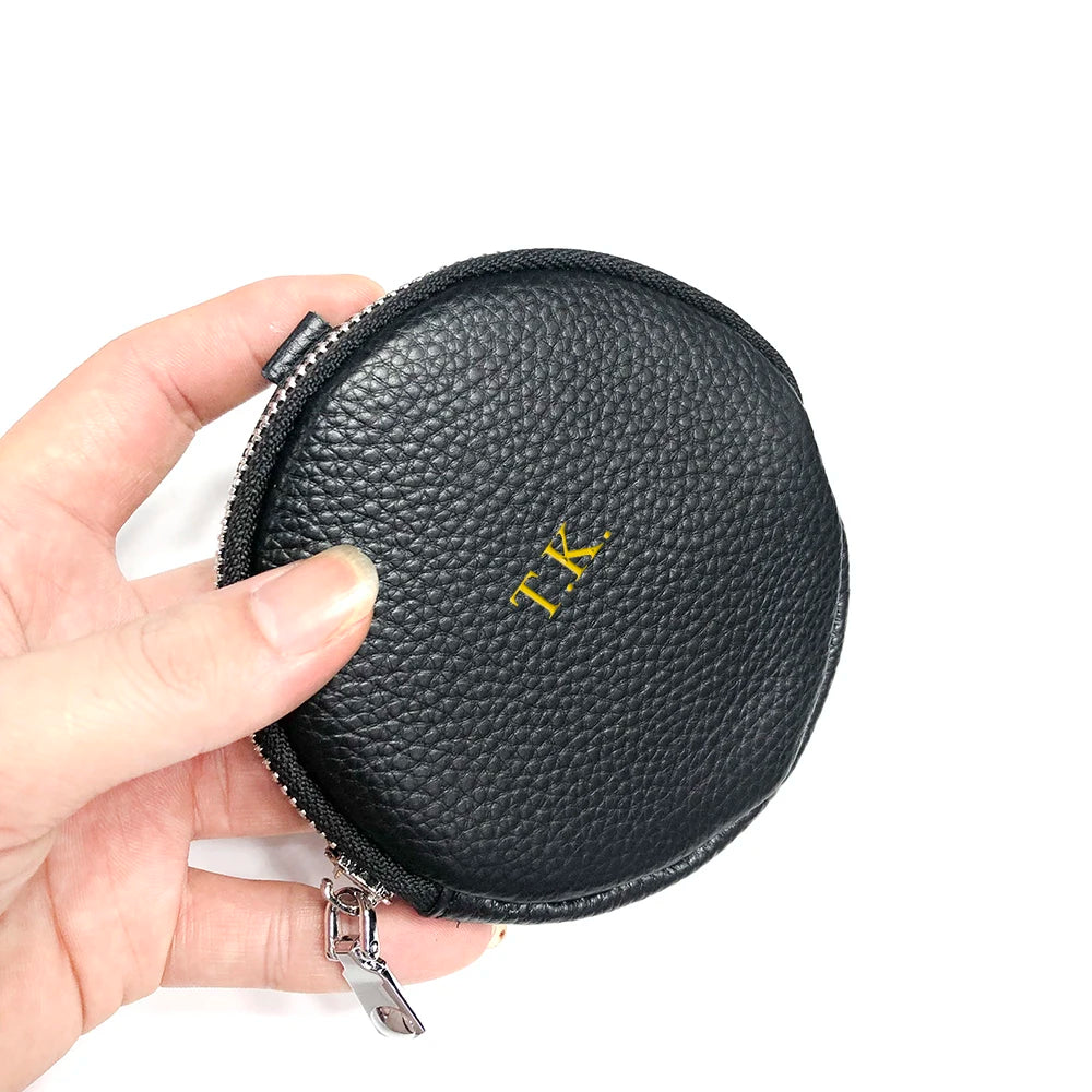 Genuine Leather Zip round Coin Purse Custom Letters Gift Women Small Circle Pouch Personalize Name Girl Cowhide Money Pocket Bag