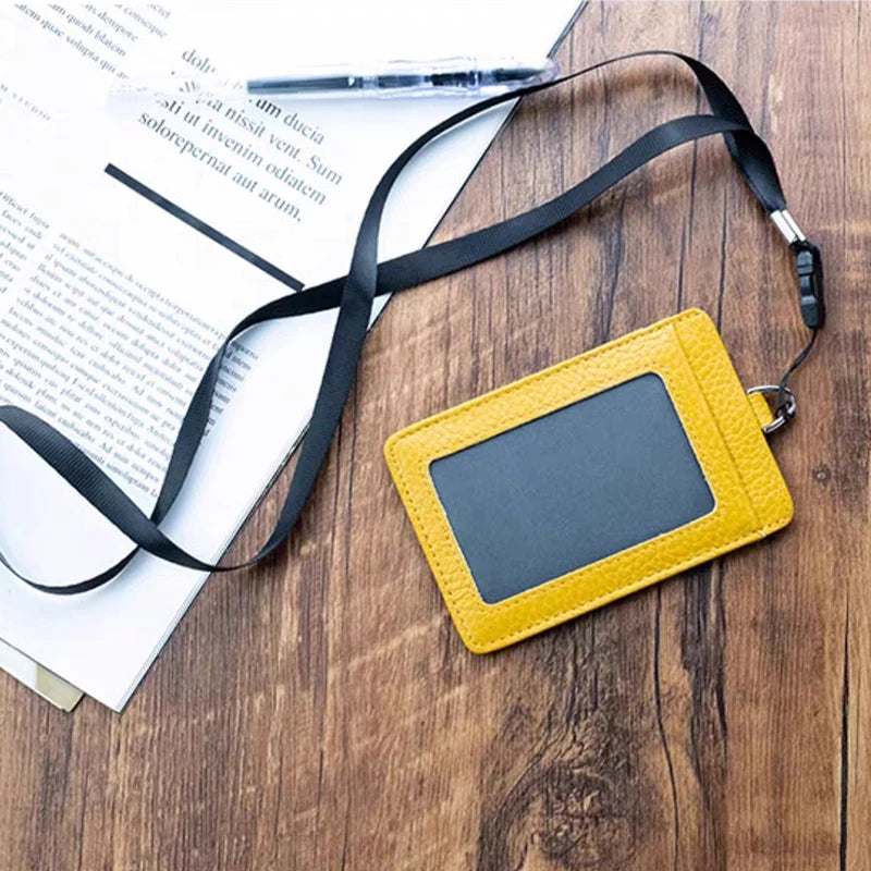 Custom Name ID Badge Card Holder with Strap Genuine Leather Business Office Woman Man Work Cardholder Engrave Initials Card Bag