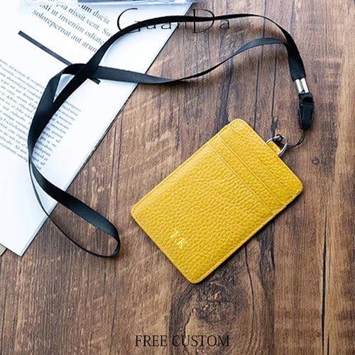 Custom Name ID Badge Card Holder with Strap Genuine Leather Business Office Woman Man Work Cardholder Engrave Initials Card Bag