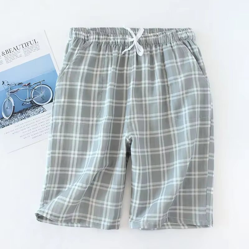 Men'S Cotton Gauze Trousers Plaid Knitted Sleep Pants Woman Pajamas Pants Bottoms Sleepwear Short for Couples Pijama Hombre
