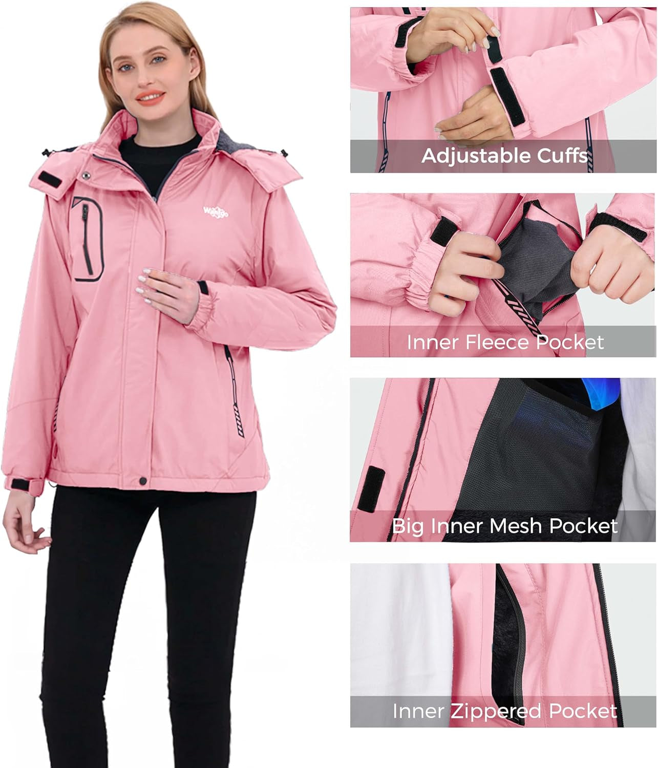 Women Hardshell Waterproof Windproof Insulated Ski Trekking Jacket | Adjustable Hood and Hem & Unrestricted All-Terrain Outdoor Comfort