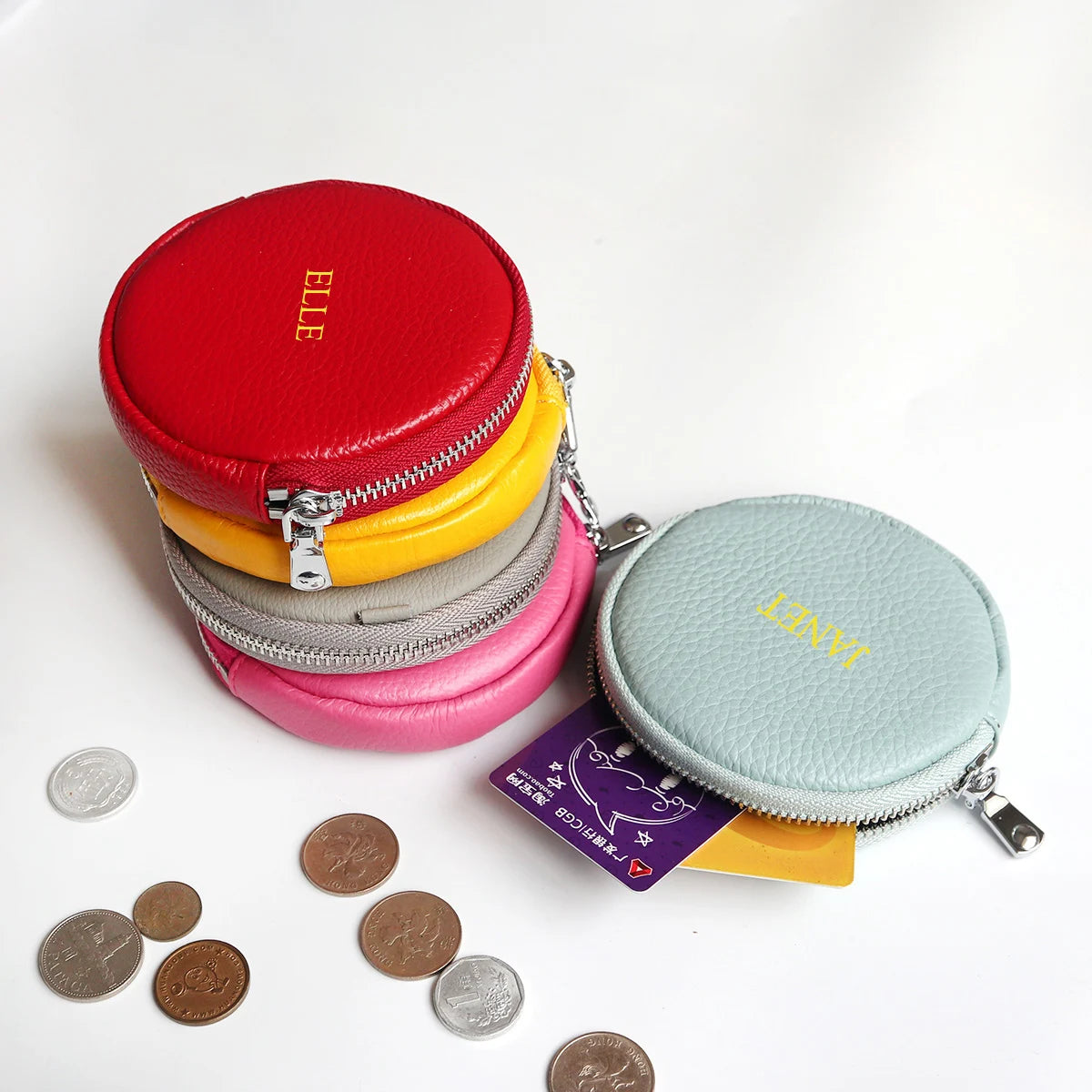 Genuine Leather Zip round Coin Purse Custom Letters Gift Women Small Circle Pouch Personalize Name Girl Cowhide Money Pocket Bag