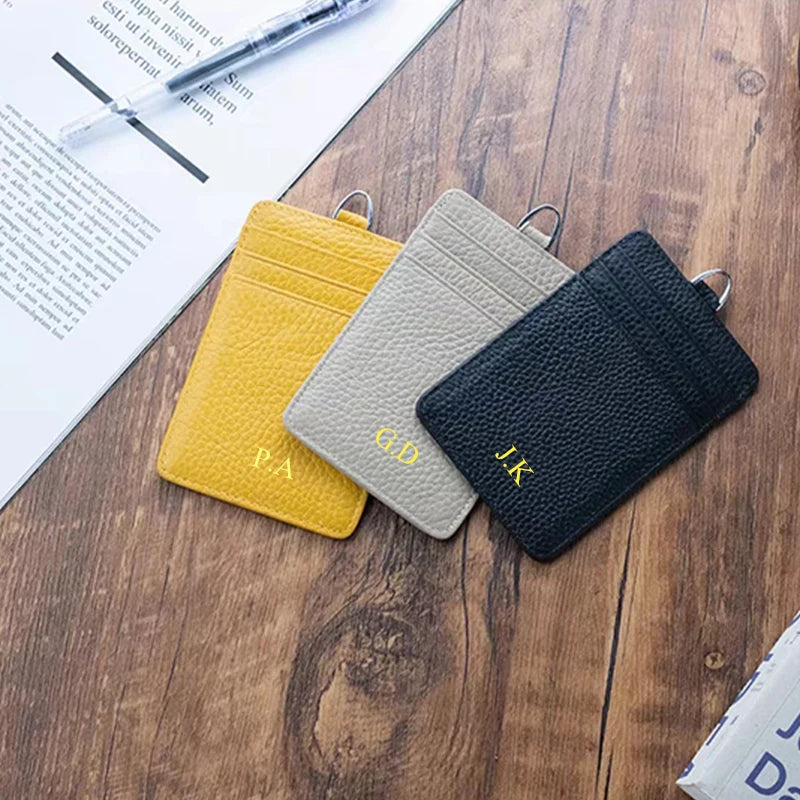 Custom Name ID Badge Card Holder with Strap Genuine Leather Business Office Woman Man Work Cardholder Engrave Initials Card Bag
